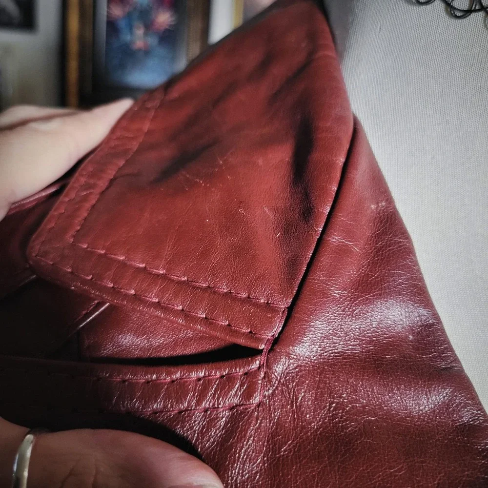 Burgundy Leather‎ Jacket Belted Womens Blazer Vintage 70s 9/10 Made in Argentina